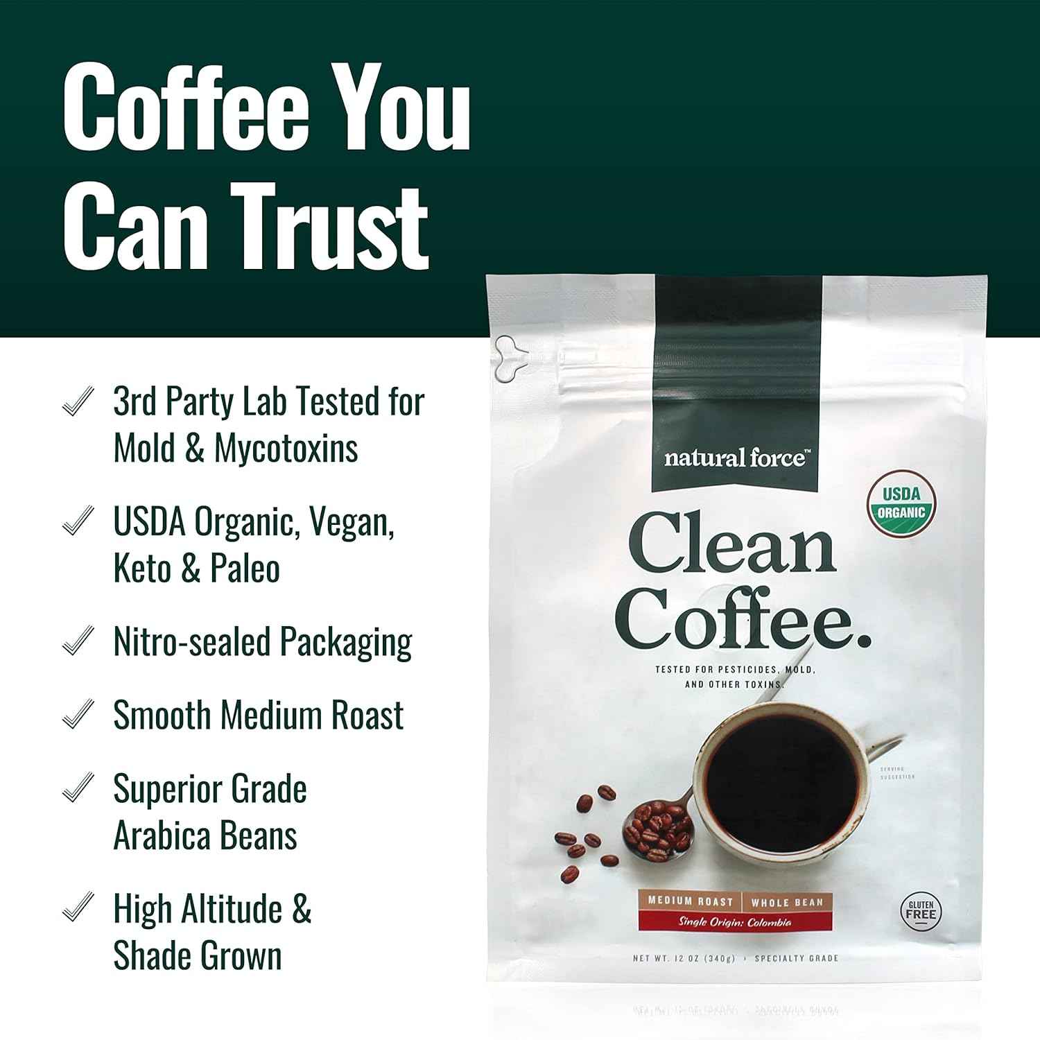 Natural Force Organic Clean Coffee + Collagen Peptides + Organic MCT Oil Bundle – Toxin Free Coffee, Grass Fed Collagen, & MCTs - Non-GMO, Keto, & Paleo - 12 Oz, 11.7 Oz, 32 Oz