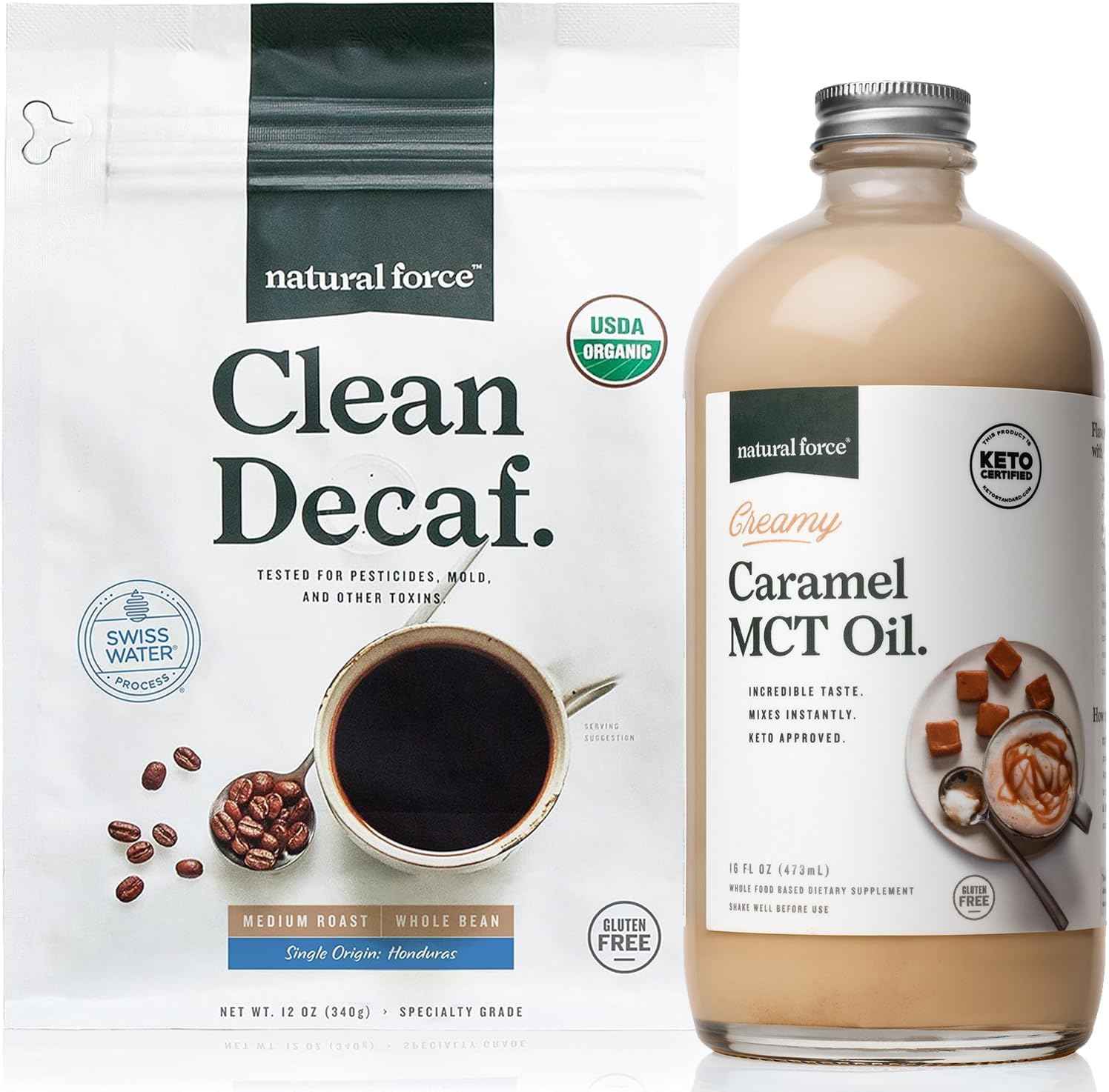 Natural Force Organic Clean Decaf Coffee + Creamy Caramel MCT Oil Bundle – Emulsified MCT Creamer & Mold & Mycotoxin Free Coffee – Non-GMO, Keto, Paleo, and Vegan - 12 Oz Bag and 16 Oz Glass Bottle