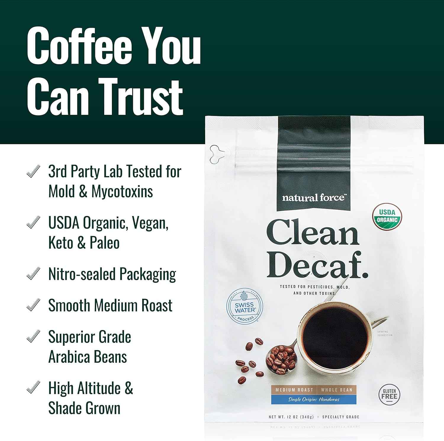 Natural Force Organic Clean Decaf Coffee + Creamy Caramel MCT Oil Bundle – Emulsified MCT Creamer & Mold & Mycotoxin Free Coffee – Non-GMO, Keto, Paleo, and Vegan - 12 Oz Bag and 16 Oz Glass Bottle