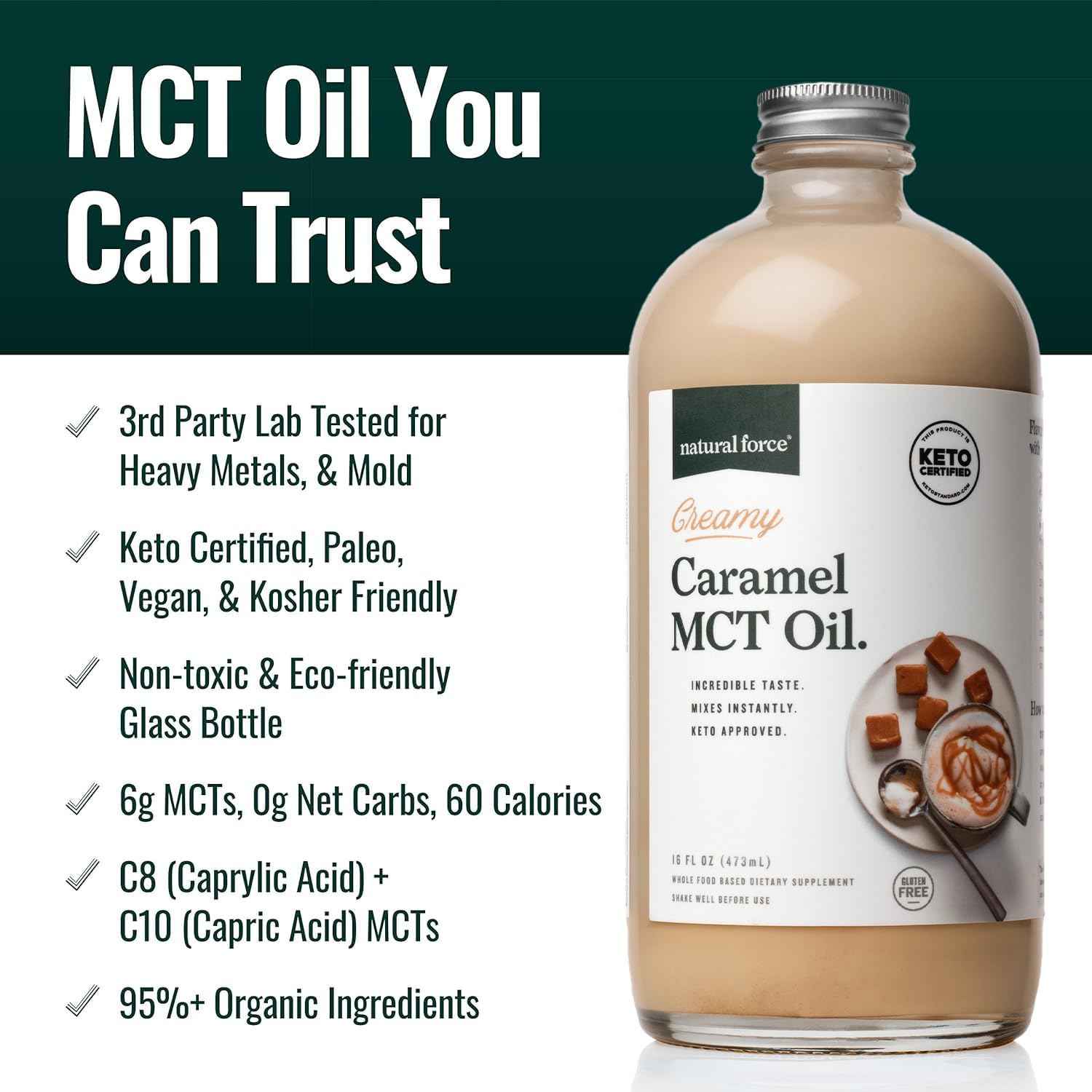 Natural Force Organic Clean Decaf Coffee + Creamy Caramel MCT Oil Bundle – Emulsified MCT Creamer & Mold & Mycotoxin Free Coffee – Non-GMO, Keto, Paleo, and Vegan - 12 Oz Bag and 16 Oz Glass Bottle