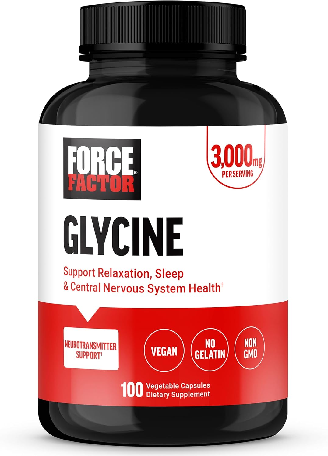 Natural Glycine Supplement for Relaxation, Sleep, Cognitive Function - 100 Veg Capsules by FORCE FACTOR