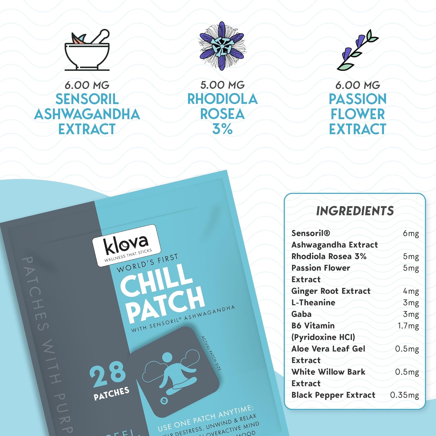 Natural Klova Chill Patches with Sensoril Ashwagandha, Rhodiola Rosea, and More for Stress Relief and Relaxation