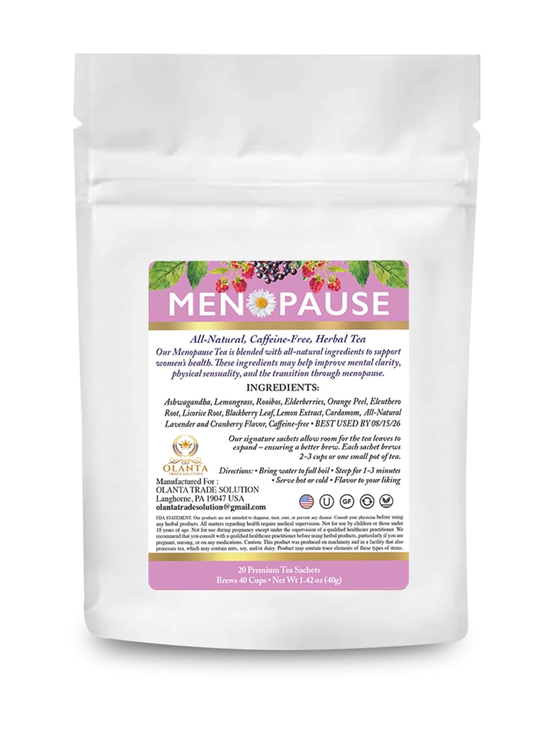 Natural Menopause Relief Tea - Alleviates Hot Flashes & Night Sweats, Supports Menopause, 20 Premium Sachets