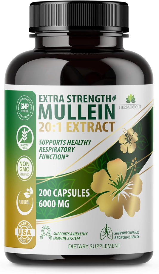 Natural Mullein Leaf Extract Capsules - 20:1 Concentration for Lung Detox - 200 Capsules - Supports Respiratory & Immune Health - Easy 1 Capsule Serving