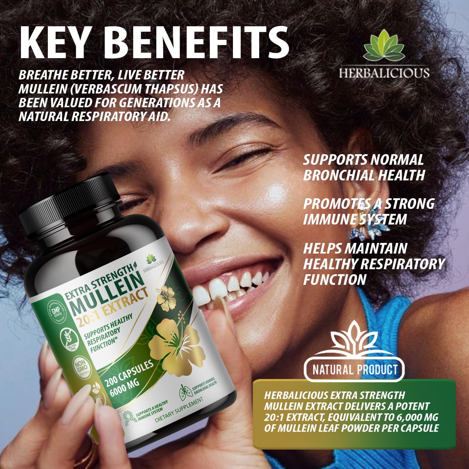 Natural Mullein Leaf Extract Capsules - 20:1 Concentration for Lung Detox - 200 Capsules - Supports Respiratory & Immune Health - Easy 1 Capsule Serving