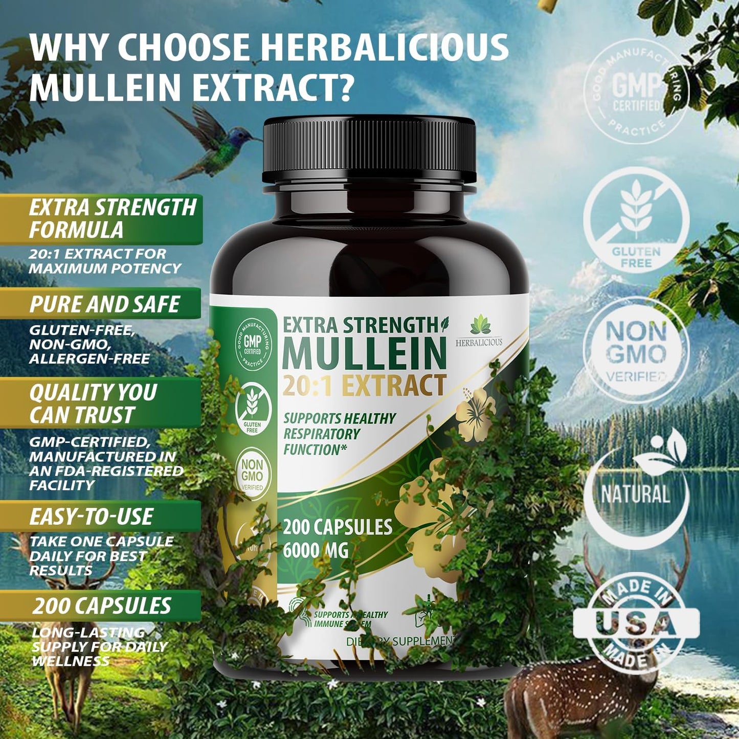 Natural Mullein Leaf Extract Capsules - 20:1 Concentration for Lung Detox - 200 Capsules - Supports Respiratory & Immune Health - Easy 1 Capsule Serving