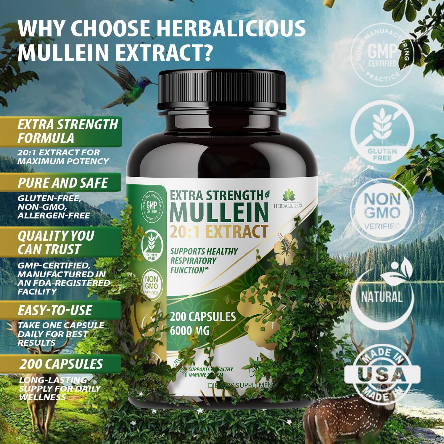 Natural Mullein Leaf Extract Capsules - 20:1 Concentration for Lung Detox - 200 Capsules - Supports Respiratory & Immune Health - Easy 1 Capsule Serving