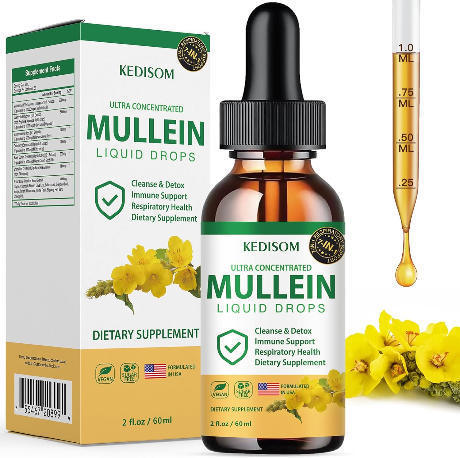 Natural Mullein Leaf Extract Drops with Marshmallow Root and Ginger - 7 in 1 Lung Cleanse & Immune Support Supplement - 2 Fl Oz - Non-GMO Herbal Formula for Gut Health