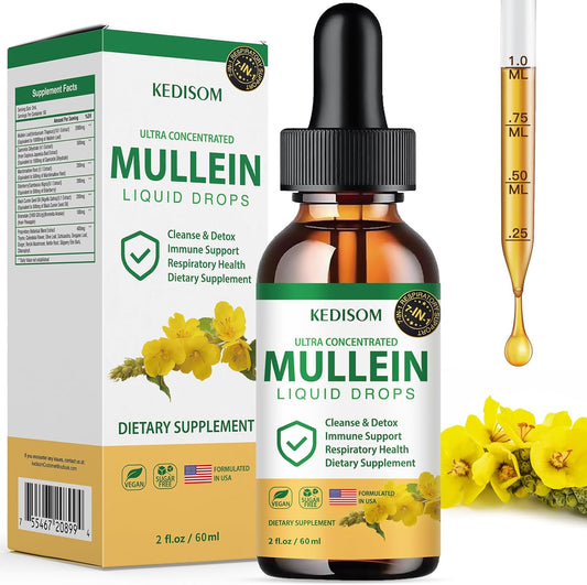 Natural Mullein Leaf Extract Drops with Marshmallow Root and Ginger - 7 in 1 Lung Cleanse & Immune Support Supplement - 2 Fl Oz - Non-GMO Herbal Formula for Gut Health