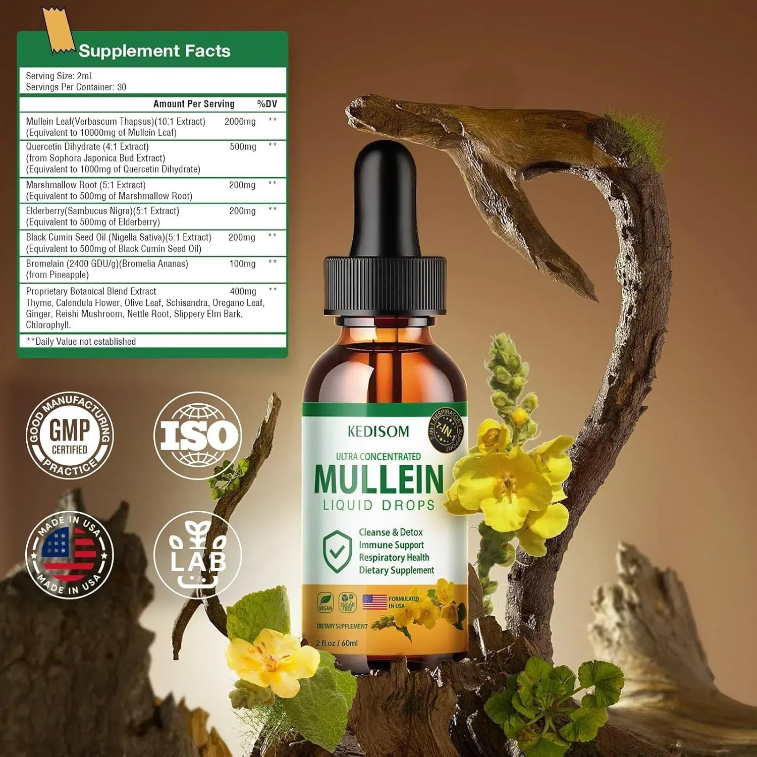 Natural Mullein Leaf Extract Drops with Marshmallow Root and Ginger - 7 in 1 Lung Cleanse & Immune Support Supplement - 2 Fl Oz - Non-GMO Herbal Formula for Gut Health