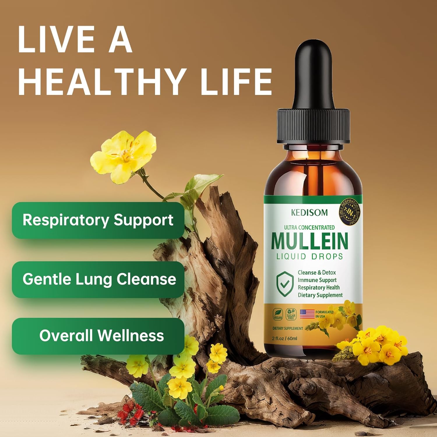 Natural Mullein Leaf Extract Drops with Marshmallow Root and Ginger - 7 in 1 Lung Cleanse & Immune Support Supplement - 2 Fl Oz - Non-GMO Herbal Formula for Gut Health