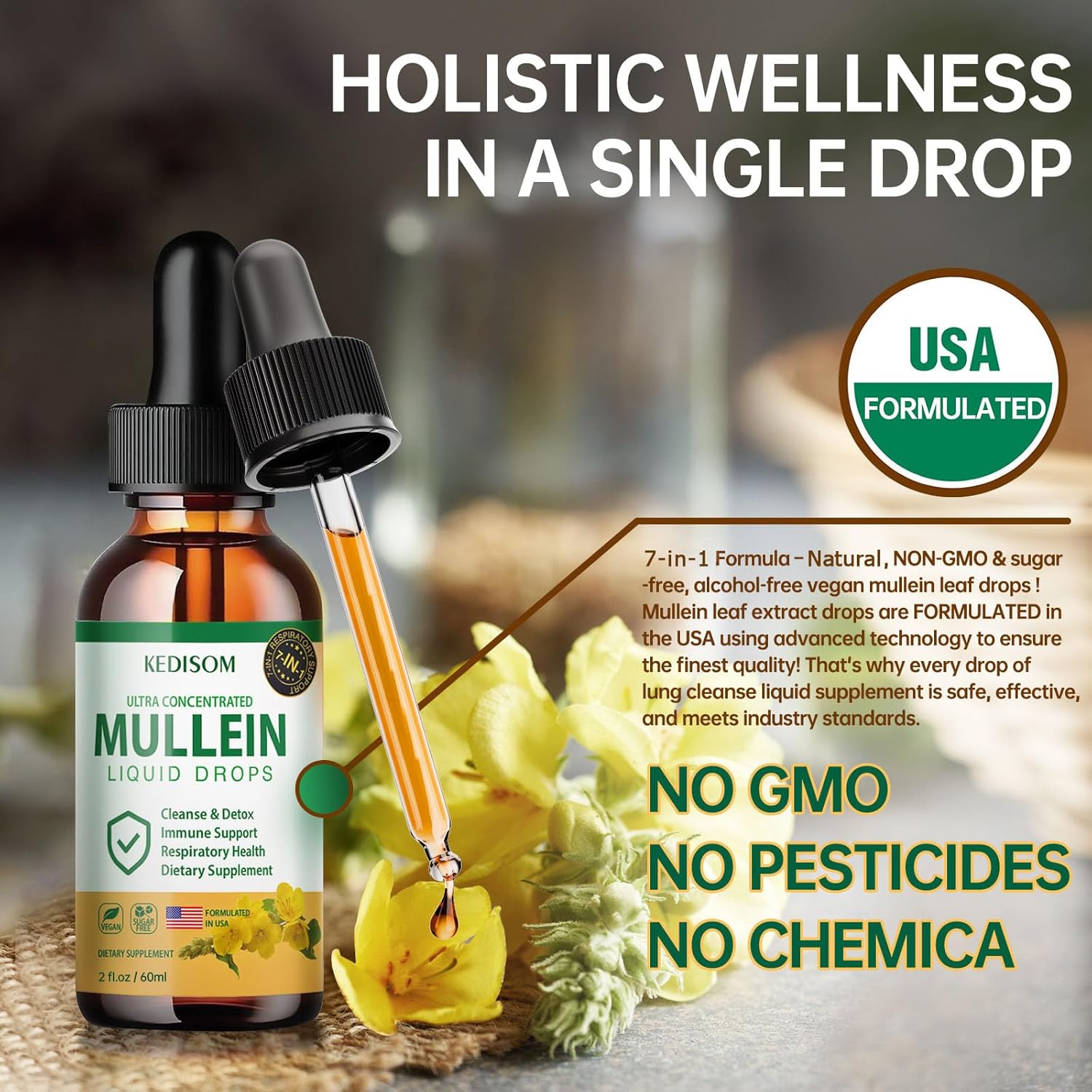 Natural Mullein Leaf Extract Drops with Marshmallow Root and Ginger - 7 in 1 Lung Cleanse & Immune Support Supplement - 2 Fl Oz - Non-GMO Herbal Formula for Gut Health