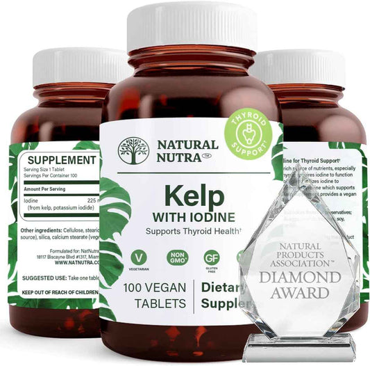 Natural Nutra Kelp Iodine Thyroid Support Supplement, Strengthens Immune System, and Regulates Metabolism, Vegan Sea Kelp, Non GMO, Atlantic Sourced Seaweed Extract, 225 mcg, 100 Tablets