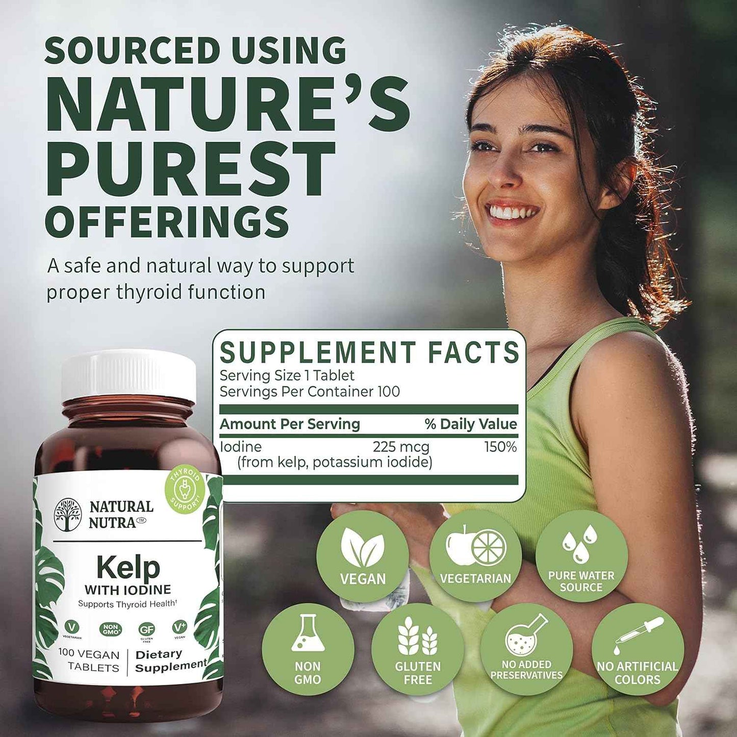 Natural Nutra Kelp Iodine Thyroid Support Supplement, Strengthens Immune System, and Regulates Metabolism, Vegan Sea Kelp, Non GMO, Atlantic Sourced Seaweed Extract, 225 mcg, 100 Tablets