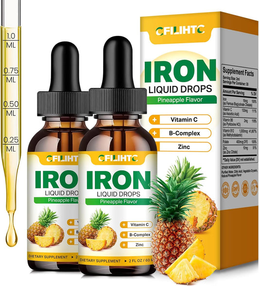 Natural Pineapple Flavored Liquid Iron Supplement with Folate, Vitamin C, B6, B12, and Zinc - Anemia Support for Women, Men, and Kids - Vegan 4 Fl Oz
