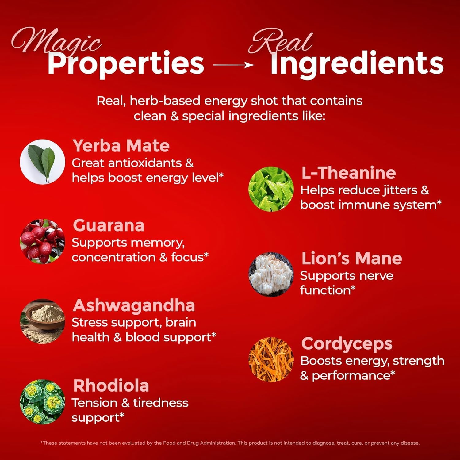 Natural Plant-Based Energy Shots - Sugar-Free Extra Strength Supplements with Vitamin B12, Lion's Mane, and Yerba Mate - Cherry Pomegranate Flavor - 48 Pack