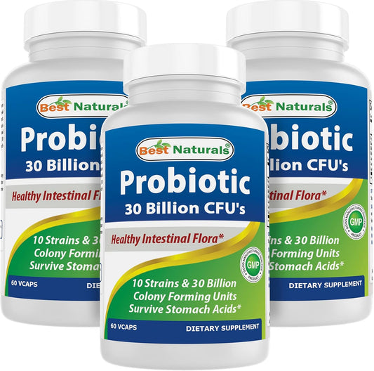 Natural Probiotic with 10 Strains and 30 Billion CFU for Intestinal Health - 180 Veggie Capsules in Total