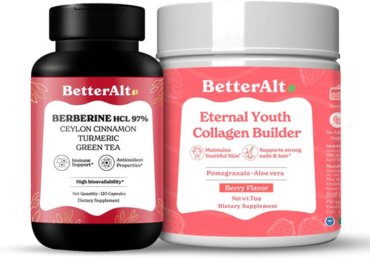 Natural Radiant Skin and Digestive Support Bundle: Alt Beauty Collagen (200g) + Berberine Capsules (120) | Non GMO, Vegan, Immunity Boost