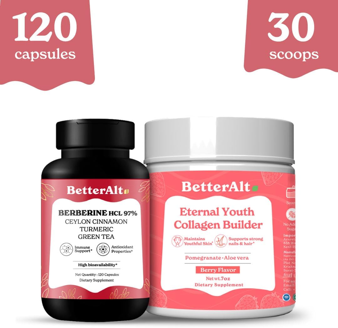 Natural Radiant Skin and Digestive Support Bundle: Alt Beauty Collagen (200g) + Berberine Capsules (120) | Non GMO, Vegan, Immunity Boost