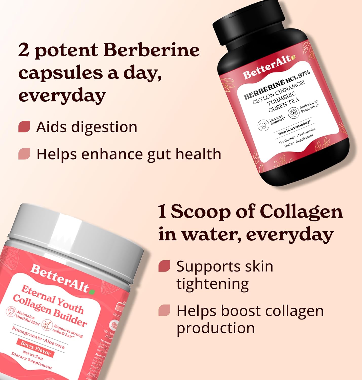 Natural Radiant Skin and Digestive Support Bundle: Alt Beauty Collagen (200g) + Berberine Capsules (120) | Non GMO, Vegan, Immunity Boost