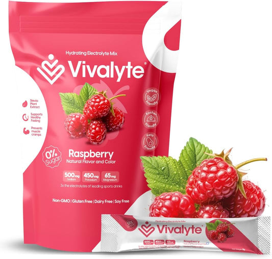 Natural Raspberry Flavored Electrolyte Powder Packets - 20 Count | No Sugar, Stevia Sweetened Hydration with Sodium, Potassium, & Magnesium
