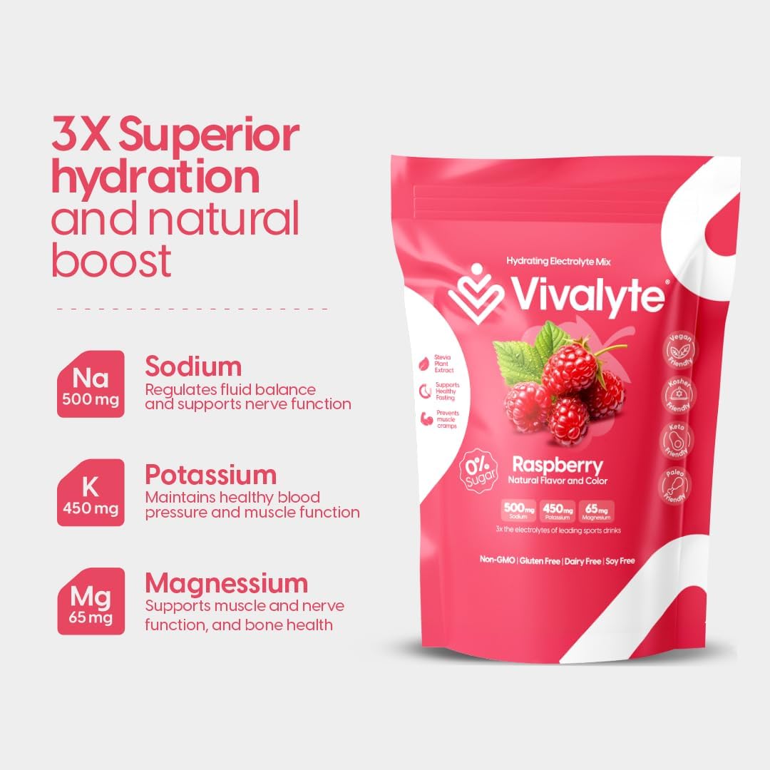 Natural Raspberry Flavored Electrolyte Powder Packets - 20 Count | No Sugar, Stevia Sweetened Hydration with Sodium, Potassium, & Magnesium
