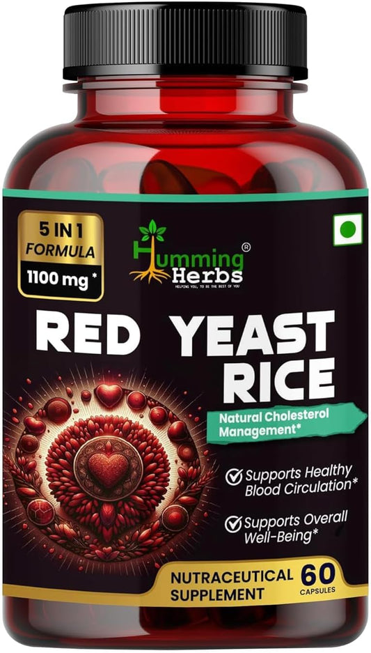 Natural Red Yeast Rice Supplement Capsules with CoQ10, Policosanol, Lycopene - 1100mg Health Support - 30 Day Supply