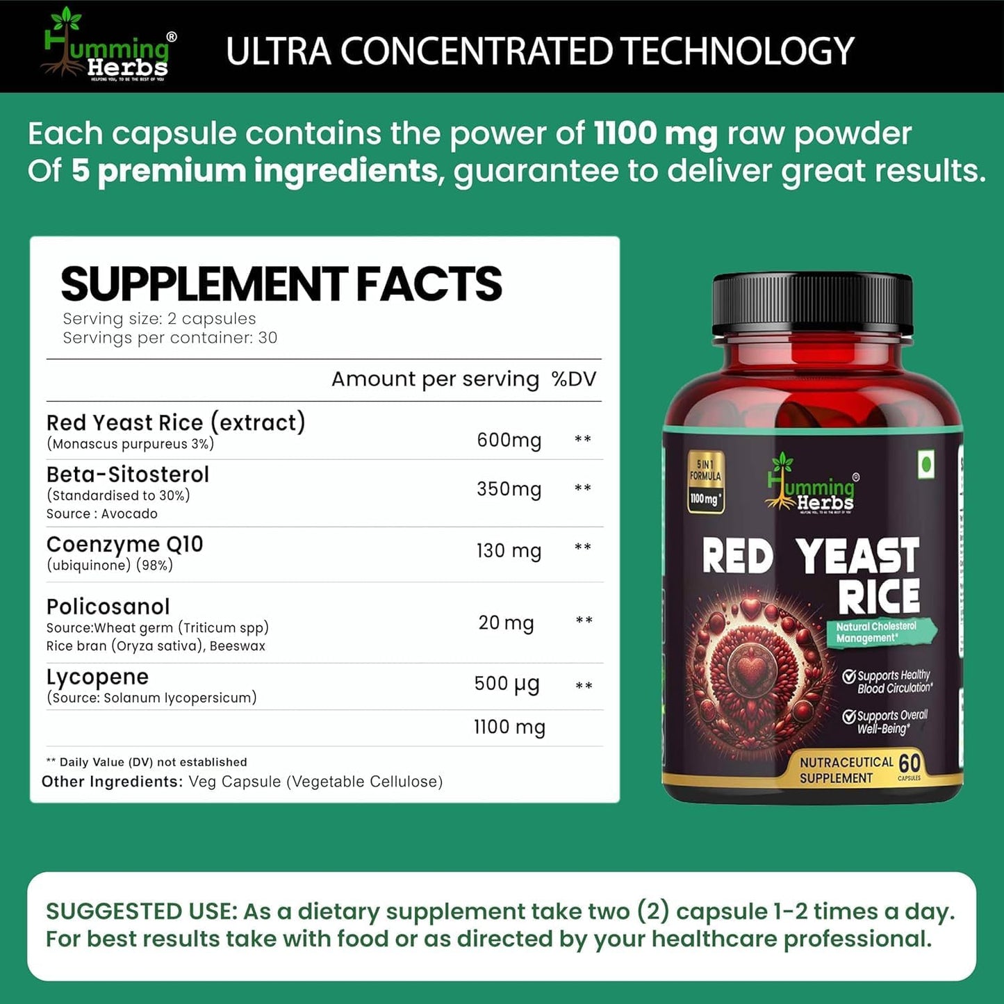 Natural Red Yeast Rice Supplement Capsules with CoQ10, Policosanol, Lycopene - 1100mg Health Support - 30 Day Supply