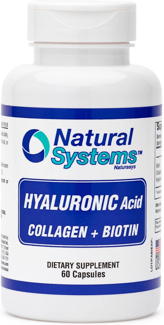 Natural Systems Hyaluronic Acid Plus Collagen, Biotin Capsules - Skin Supplement for Strong Hair, Nails - Enhanced Absorption - 60 Capsules