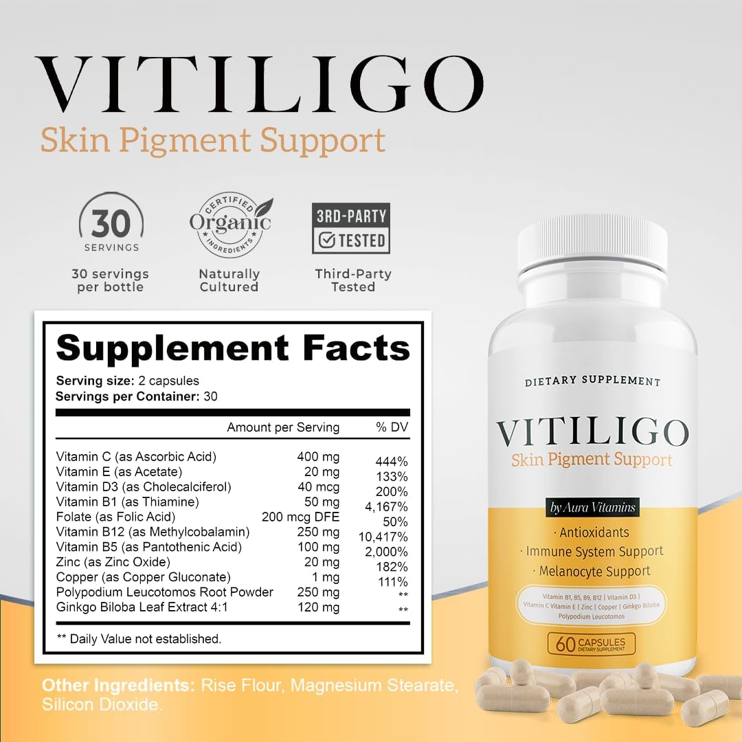 Natural Vitiligo Supplement Capsules | Reduce White Spots, Improve Skin Pigmentation | Dermawonder Vitiligo Support | 60 Count, All Skin Types