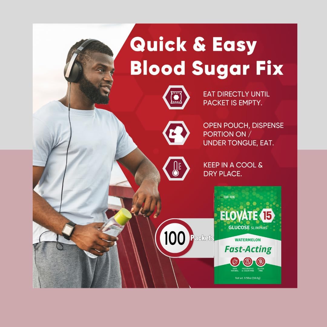 Natural Watermelon Flavored Glucose Powder Packets - Gluten-Free Alternative to Gels & Tablets - Fast-Acting Dextrose Sachets - Elovate 15 Slimpaks (Watermelon, 100 Count)