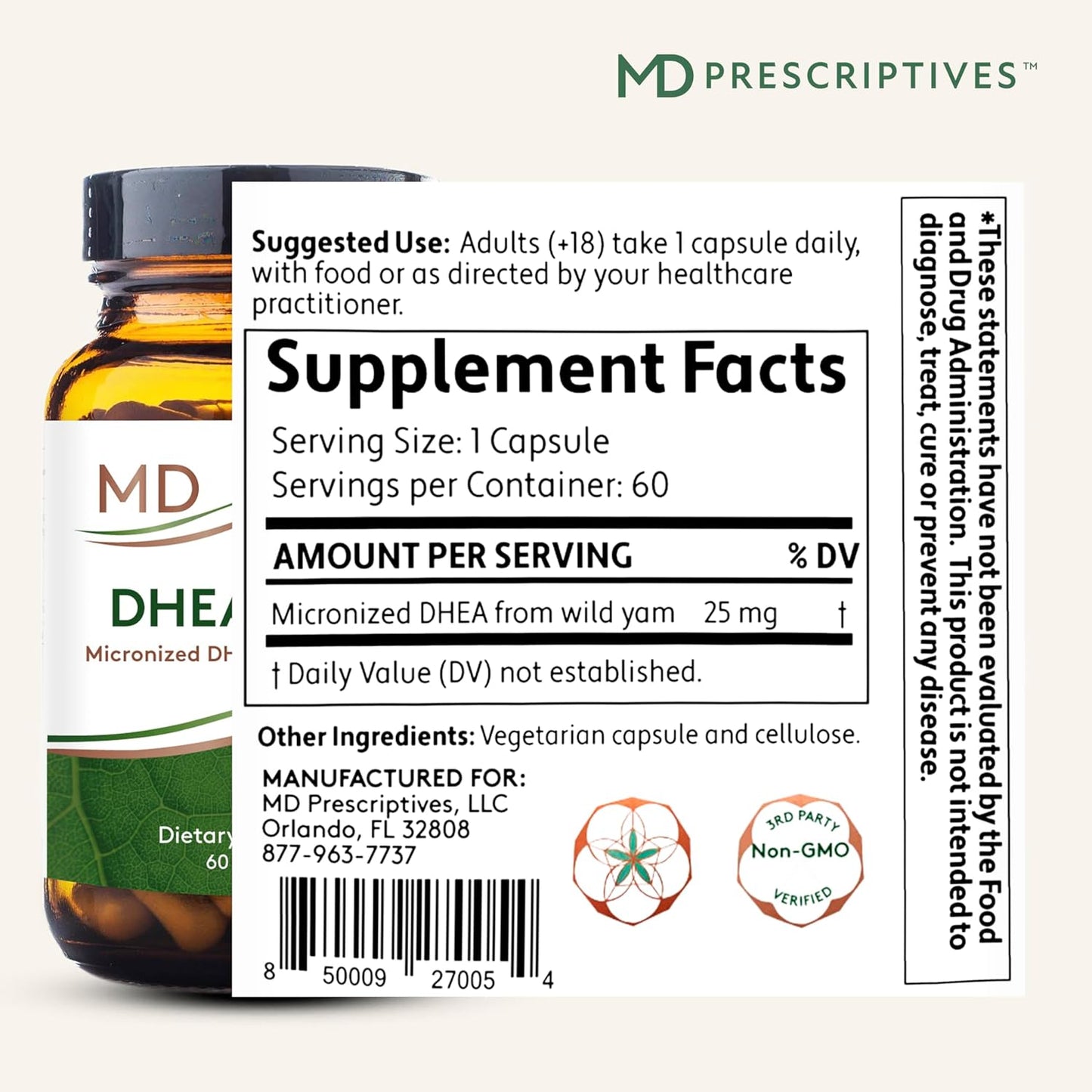 Natural Wild Yam DHEA 25mg Supplement for Bone Health & Hormone Balance - Vegetarian-Friendly - 60 Capsules, One Daily