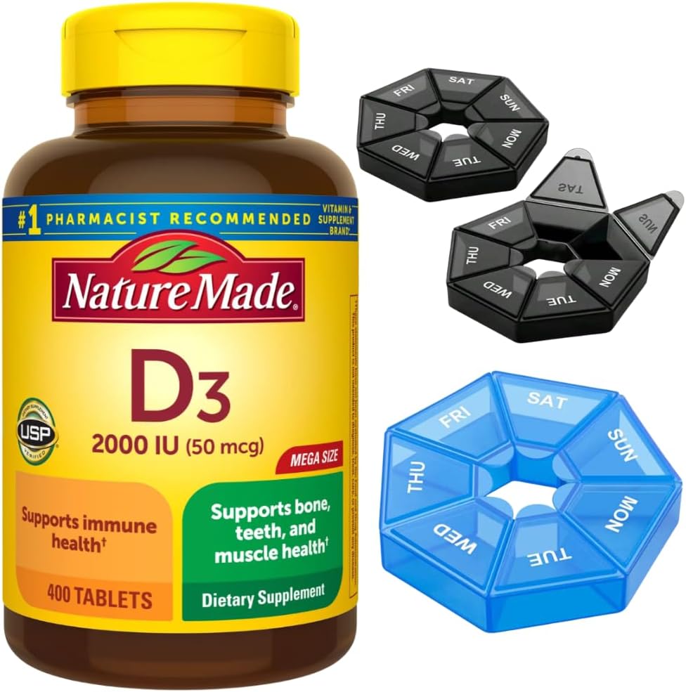 Nature Made D3 2000 IU Supplement Tablets with Pill Organizer and Sticker for Bone, Teeth, Muscle, and Immune Health Support