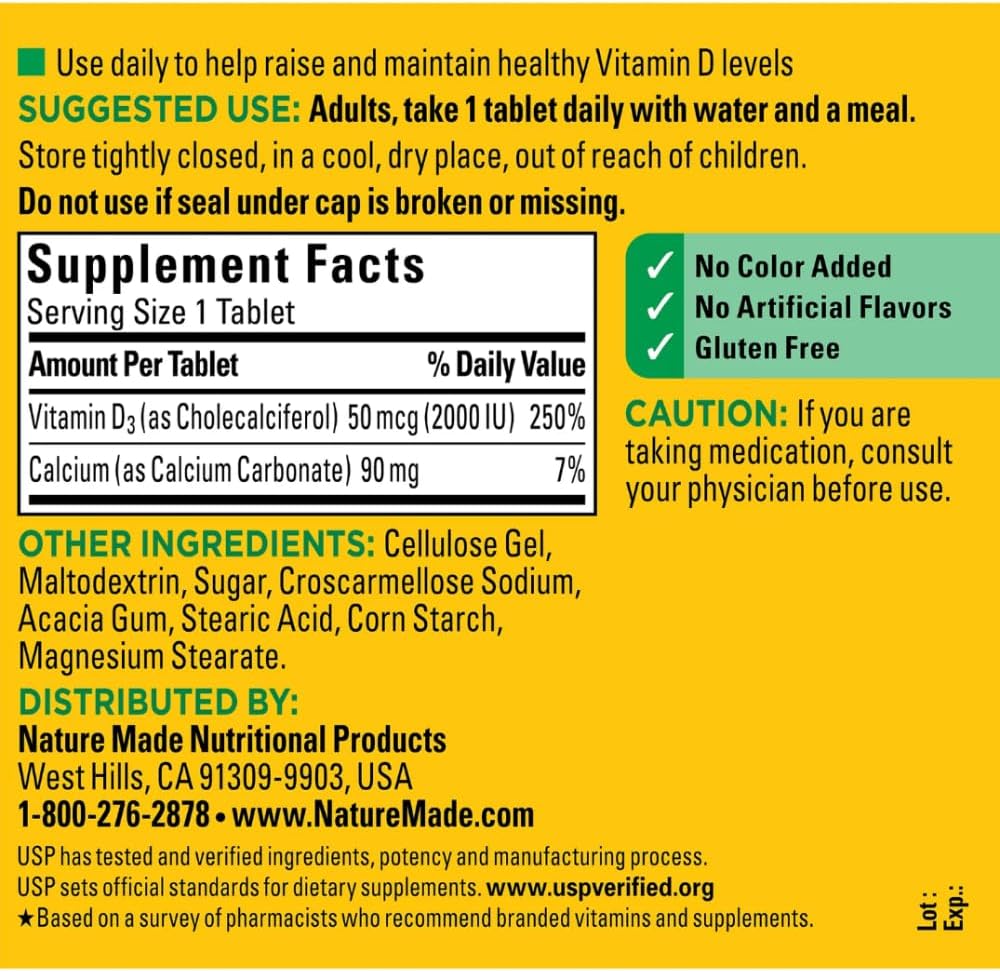 Nature Made D3 2000 IU Supplement Tablets with Pill Organizer and Sticker for Bone, Teeth, Muscle, and Immune Health Support