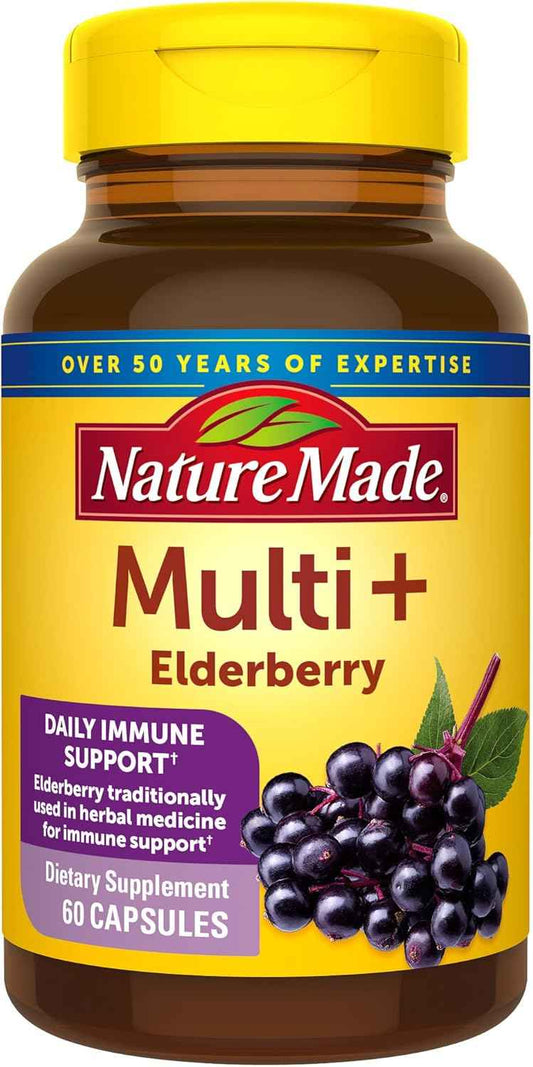 Nature Made Multi + Elderberry Capsules, Multivitamin for Daily Immune Support, One Per Day Multivitamin, 60 Count