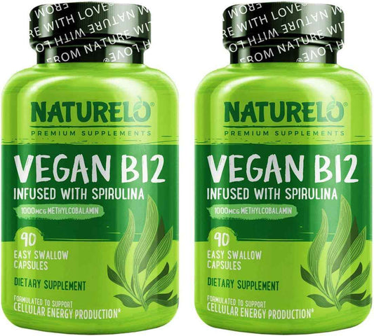 NATURELO Vegan B12 - Methyl B12 with Organic Spirulina - High Potency Vitamin B12 1000 mcg Methylcobalamin - Supports Healthy Mood, Energy, Heart & Eye Health - 90 Capsules (Pack of 2)
