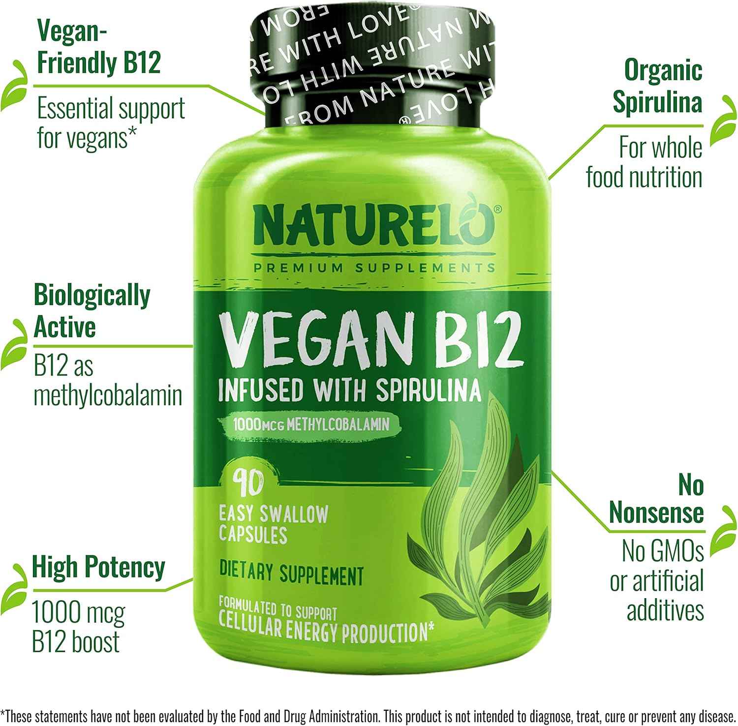 NATURELO Vegan B12 - Methyl B12 with Organic Spirulina - High Potency Vitamin B12 1000 mcg Methylcobalamin - Supports Healthy Mood, Energy, Heart & Eye Health - 90 Capsules (Pack of 2)
