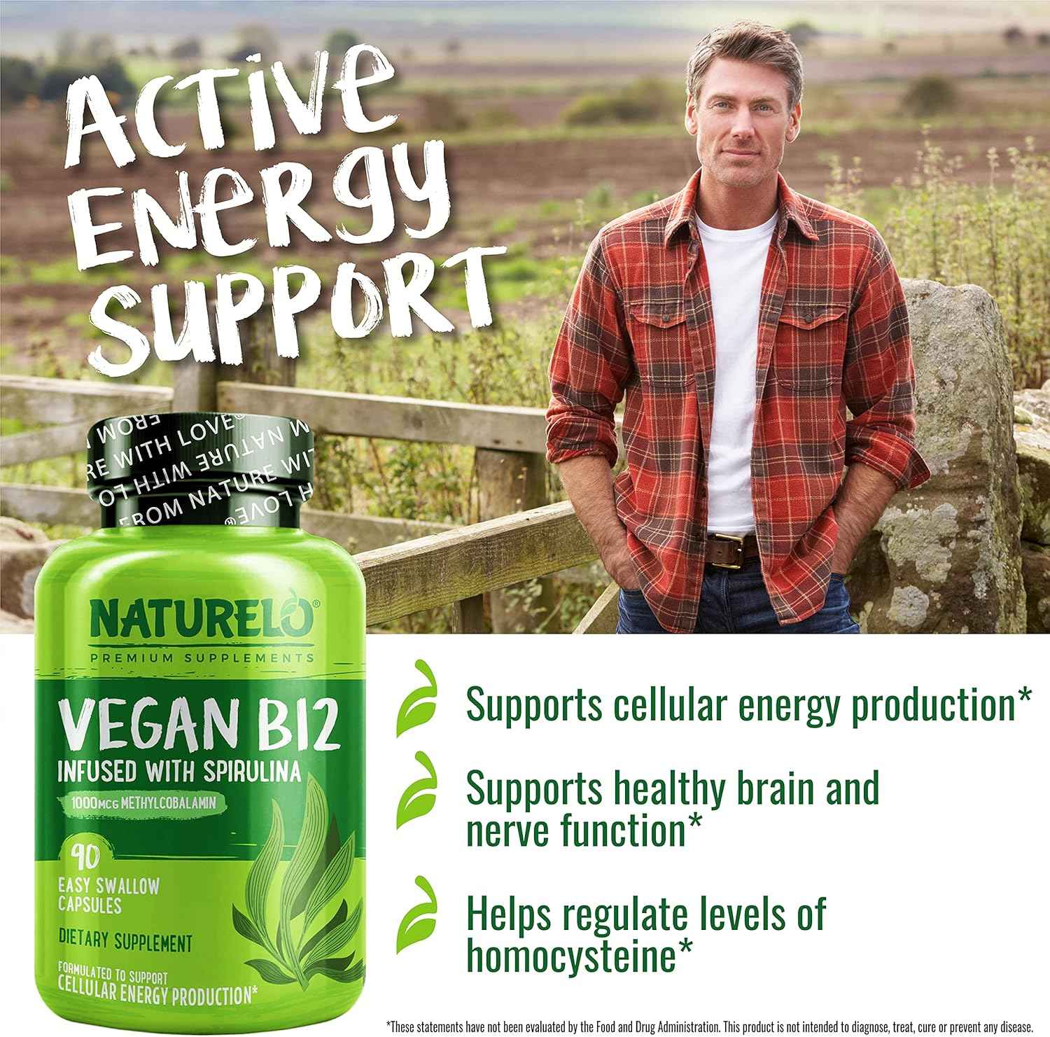 NATURELO Vegan B12 - Methyl B12 with Organic Spirulina - High Potency Vitamin B12 1000 mcg Methylcobalamin - Supports Healthy Mood, Energy, Heart & Eye Health - 90 Capsules (Pack of 2)