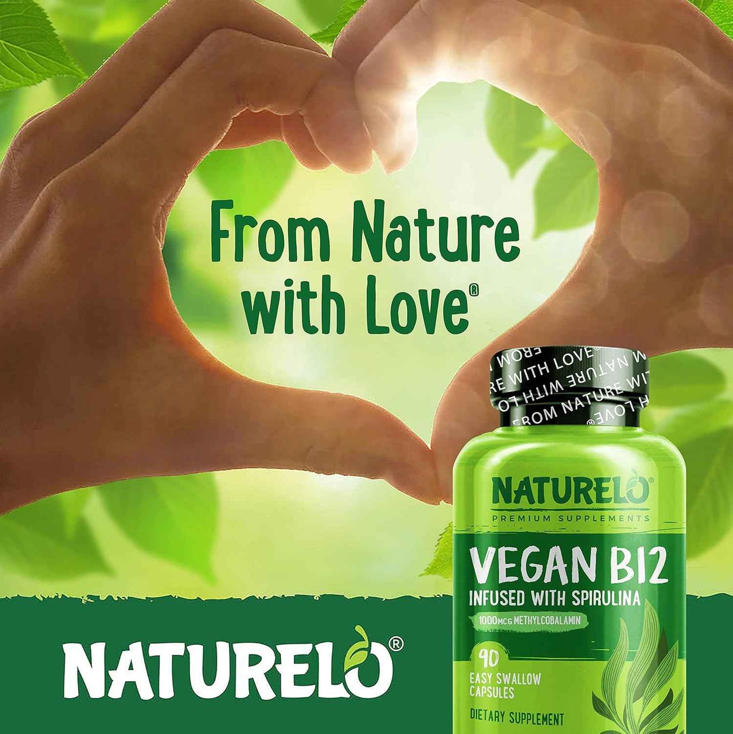 NATURELO Vegan B12 - Methyl B12 with Organic Spirulina - High Potency Vitamin B12 1000 mcg Methylcobalamin - Supports Healthy Mood, Energy, Heart & Eye Health - 90 Capsules (Pack of 2)