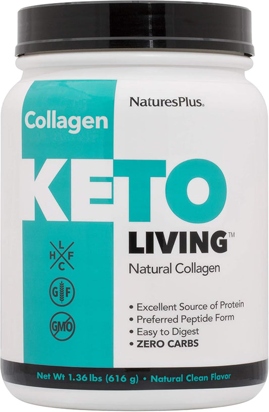 Natures Plus KetoLiving Natural Collagen Protein Powder - Unflavored, 1.36 lb Tub - Supports Immune & Gut Health, Joint Mobility, Hair, Skin, Nails - Keto-Friendly - Gluten-Free, Non-GMO - 28 Servings