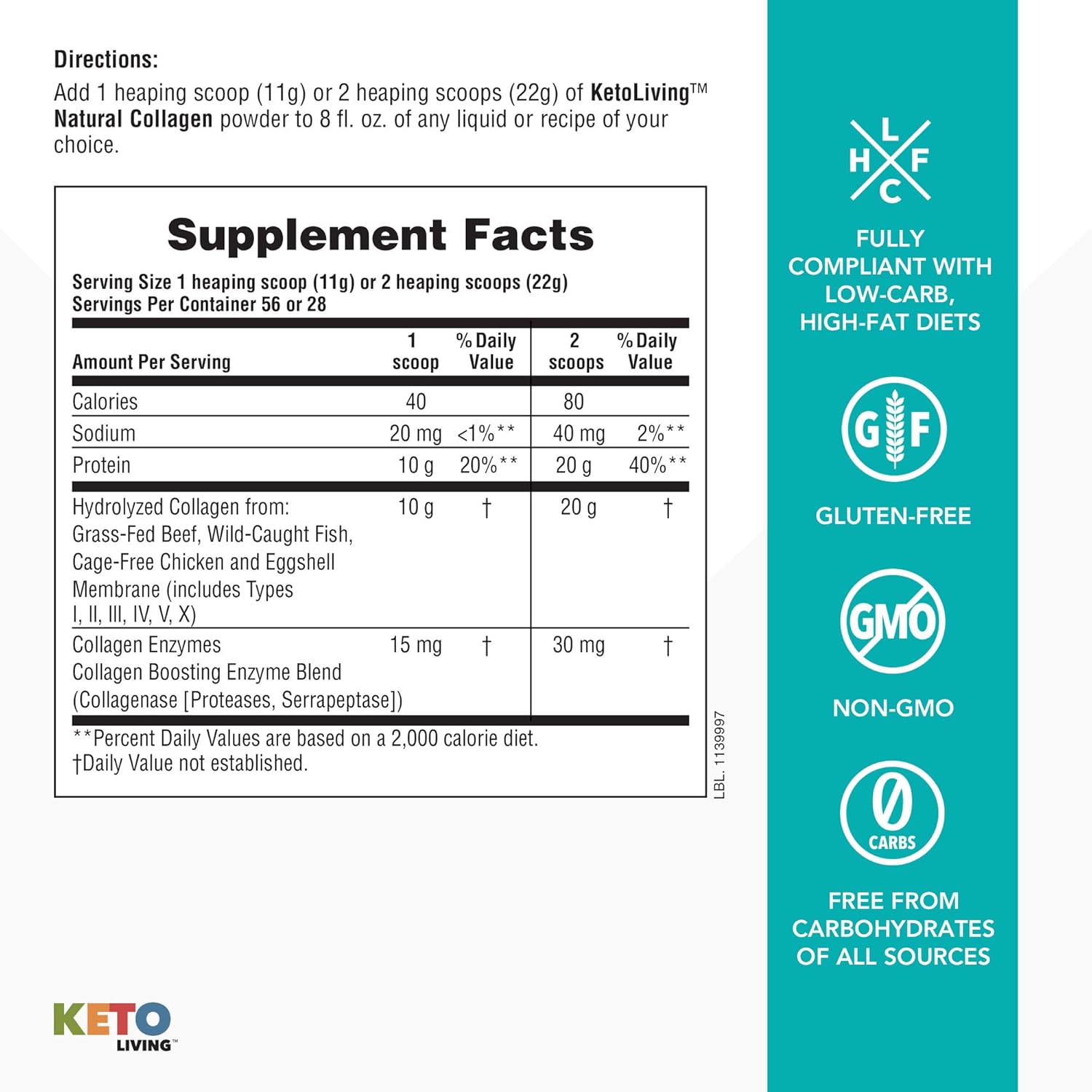 Natures Plus KetoLiving Natural Collagen Protein Powder - Unflavored, 1.36 lb Tub - Supports Immune & Gut Health, Joint Mobility, Hair, Skin, Nails - Keto-Friendly - Gluten-Free, Non-GMO - 28 Servings