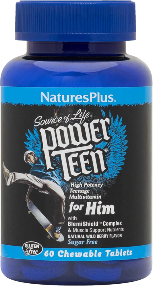 Natures Plus Source of Life Power Teen for Him, Wild Berry - 120 Chewable Tablets - High Potency Teenage Multivitamin - Gluten & Sugar Free