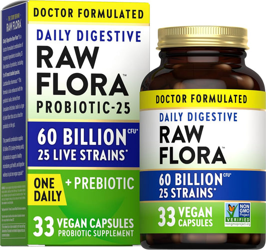 Nature's Truth Raw Flora Probiotic Capsules - 60 Billion CFU with Prebiotics for Daily Digestive Support - Gluten-Free Vegan Supplement for Men and Women