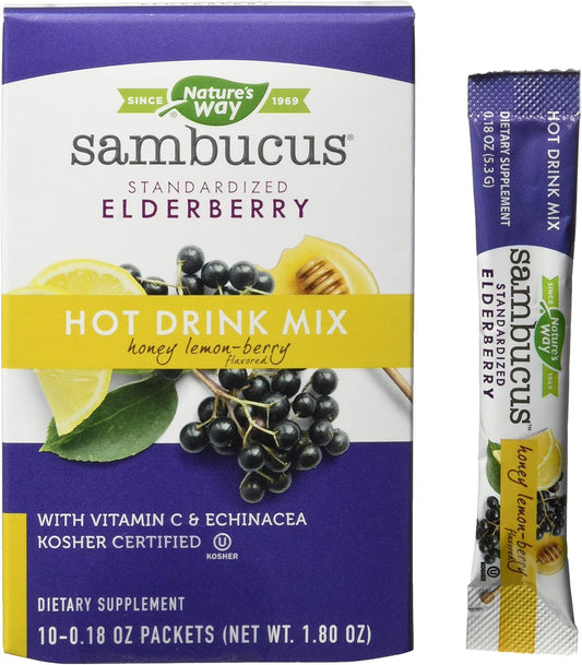 Nature's Way Sambucus Elderberry Hot Drink Mix with Vitamin C & Echinacea - Honey Lemon-Berry Flavor, 10 Count Pack of 12