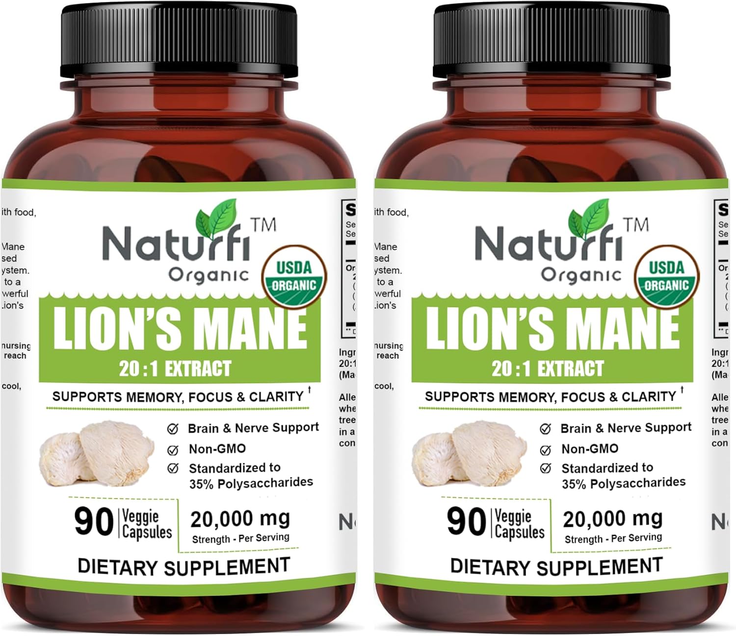 Naturfi Organic Lion's Mane 20:1 Extract - 20,000 mg Strength, 35% Polysaccharides - 180 Vegan Capsules - Non-GMO - 90 Day Supply