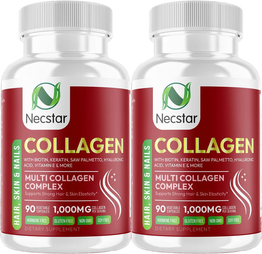 Necstar Multi Collagen Pills with Biotin & Hyaluronic Acid - 180 Capsules for Skin, Hair, Nails & Joint Support