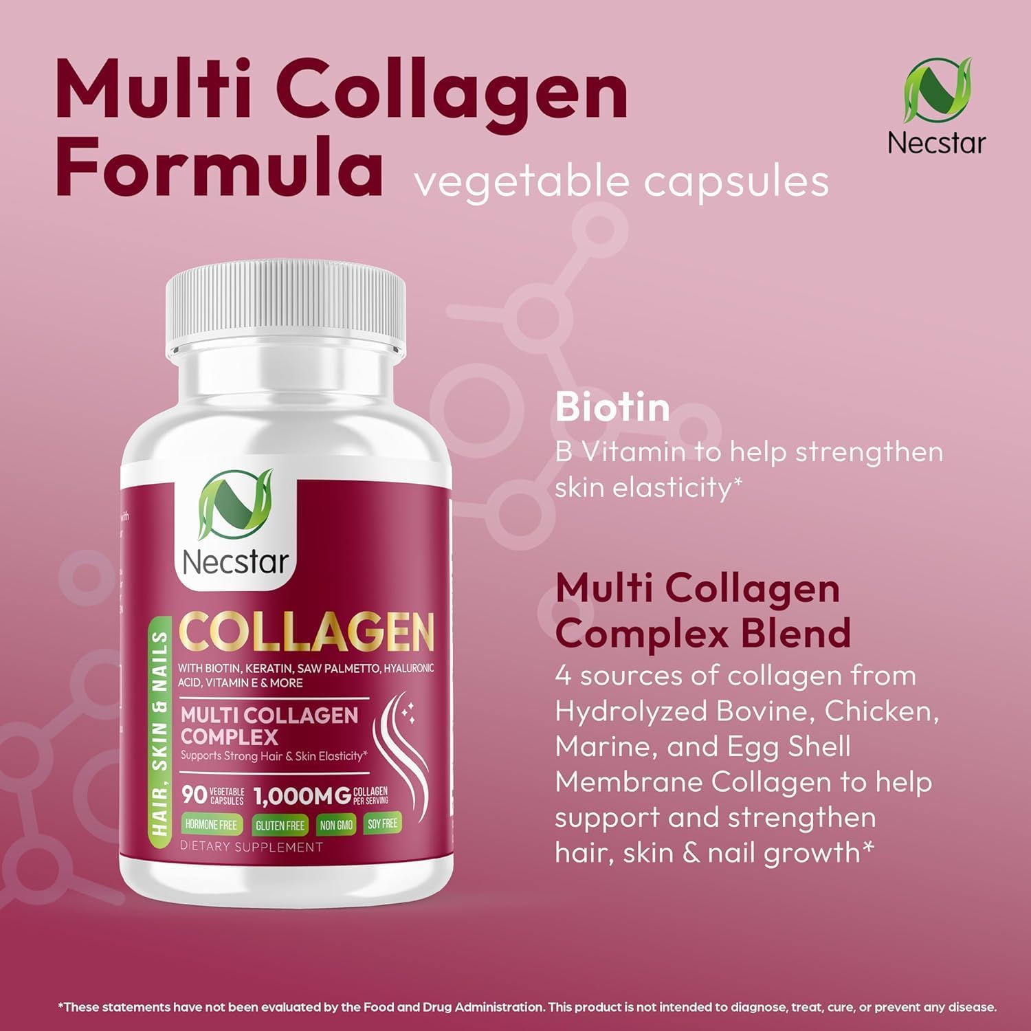 Necstar Multi Collagen Pills with Biotin & Hyaluronic Acid - 180 Capsules for Skin, Hair, Nails & Joint Support