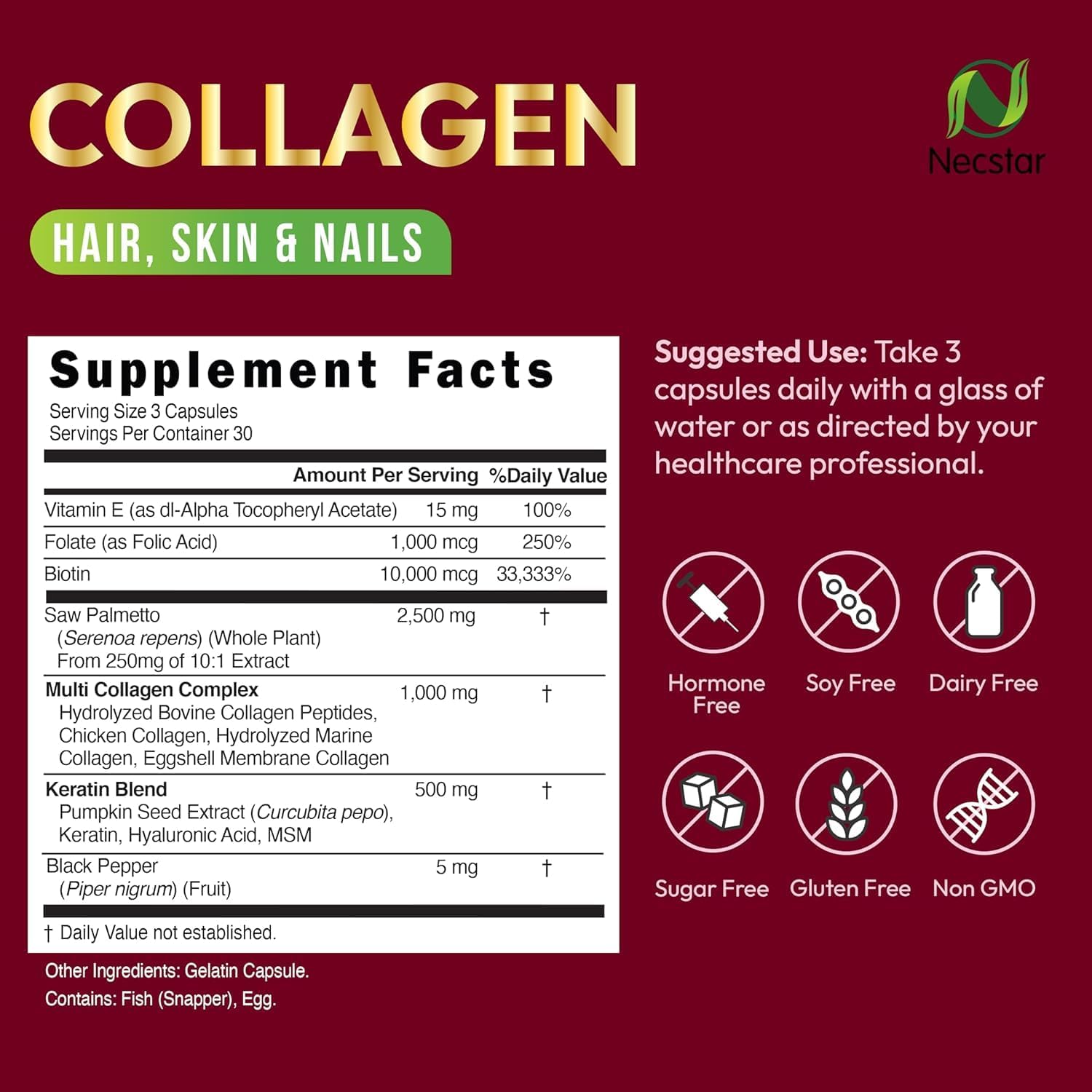 Necstar Multi Collagen Pills with Biotin & Hyaluronic Acid - 180 Capsules for Skin, Hair, Nails & Joint Support