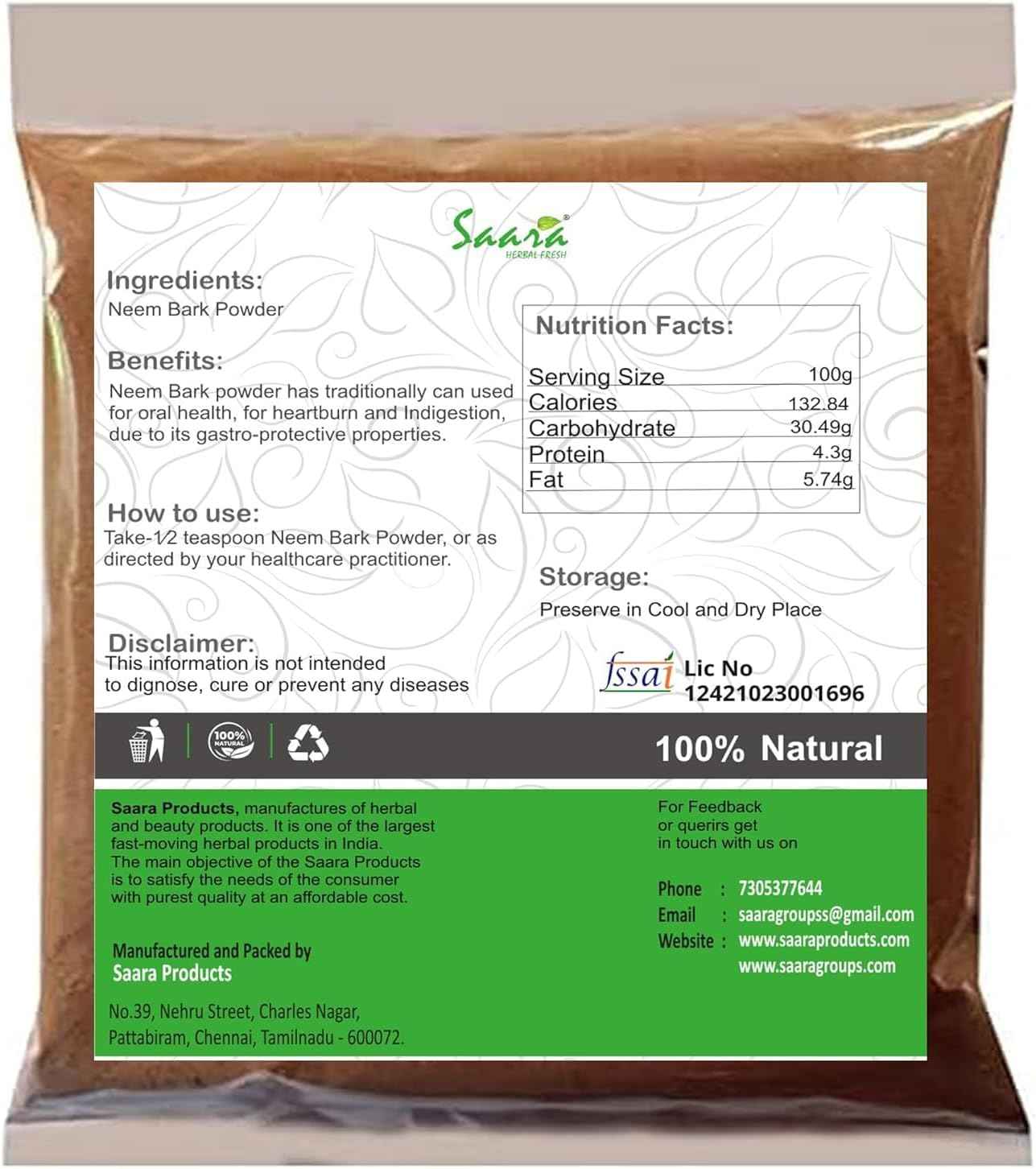 Neem Bark Powder Neem Chhal Powder, Useful in Tiredness, Skin Diseases, Vitamin Supplement,100gm