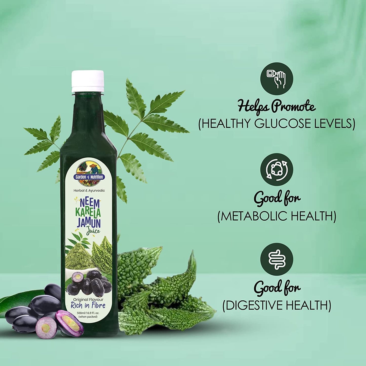 Neem Karela Jamun Juice - Herbal and Ayurvedic Blend for Nutrition | High Fiber Content | Original Flavour | 100% Pure (500ml)
